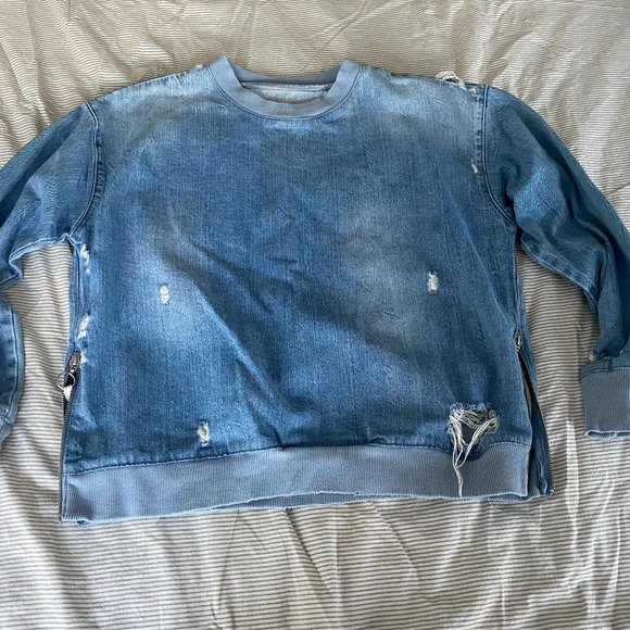 Zara Distressed Denim Pullover Sweatshirt blue size Small - Picture 1 of 4